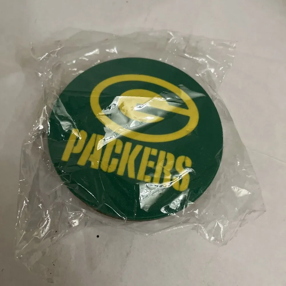 Set Of 6 Green Bay Packer’s Coaster Set Plastic With Corkboard Backing